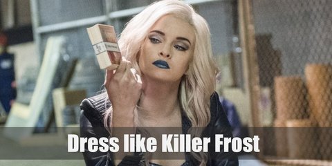  Killer Frost costume looks a bit Gothic because of her pale skin and all-black ensemble. She wears a black bustier, black leather leggings, and black boots.