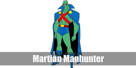 Martian Manhunter costume is a blue cape, blue trunks, and boots. He has green skin and a red strap all over his torso.