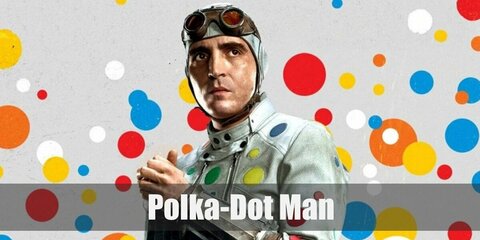 Polka-Dot Man costume is lots of colorful polka-dots to a white overall and swim cap. Then put together a pair of brown boots and arm guard with matching belt, too. Complete the costume with vintage goggles!