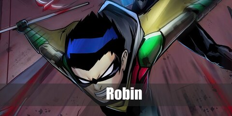 Robin’s costume features a red top and green bikini briefs. Complete the costume with a pair of green gloves and shoes as well as a yellow cape.