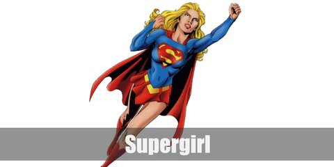 Supergirl’s costume is a blue long-sleeved fitted shirt with the symbol S on the chest, a red short skirt, a yellow belt, red boots, and a red cape.'