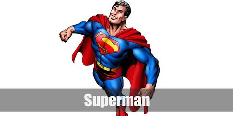 Superman’s costume is a blue fitted suit from top to bottom with an S symbol on the chest, red briefs outside the pants, a yellow belt, red boots, and a red cape.