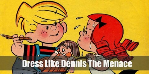 Better known as ‘Dennis the Menace,’ this cute little boy can be seen wearing a blue-striped shirt beneath his bright red overalls, a pair of white sneakers, and his trusty slingshot