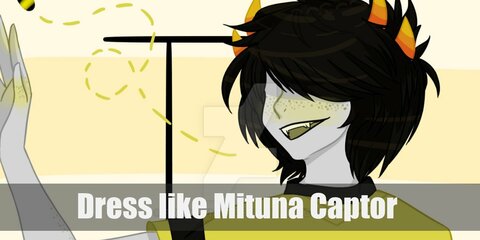  Mituna dresses like Litula Pyrope but in different colors. His is a combination of black and yellow. He also has on a yellow helmet with a red-blue visor while his four horns are visible. 