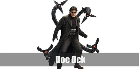  Doc Ock’s costume is a black turtleneck shirt, a brown trench coat, dark brown jeans, brown boots, a green over-sized long coat, brown leather gloves, black John Lennon glasses, and four robotic tentacle arms.