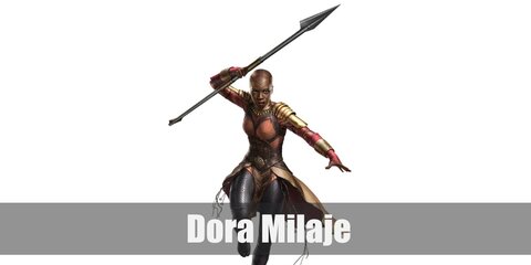  Dora Milaje’s costume is a red long-sleeved fitted shirt, an Okoye short dress, a metallic shoulder guard, a gauntlet and choker, brown leggings, and brown knee high boots.