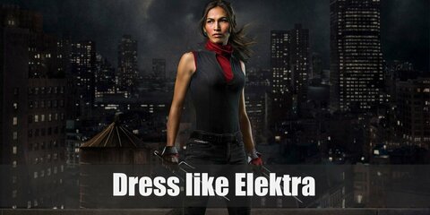 Elektra costume is known for her scarlet red outfit and her choice of weapon, Sai. She wears a red turtleneck with a black fleece on top, leather gloves, black slim pants, and combat boots