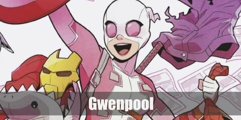 Gwenpool's costume is a pink cardigan on top a white leotard a pair of arm bands, long socks, and pink shoes, too. Then wear various holdsters on the back for the sword as well as on the waist and thighs. You can also wear a short blonde wig with pink tips to match!