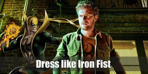 Iron Fist costume is a T-shirt with the Iron Fist symbol on it, an opened military green jacket, brown cargo pants, a yellow belt, a yellow mask, yellow finger-less gloves, and brown combat boots.