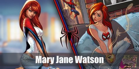Mary Jane wears a white Spider Man heart T-shirt, ripped jeans, and sneakers. In the other look, MJ wears a black sleeveless turtle neck, tan pants, a black belt, and boots.