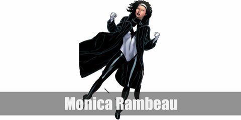  Monica Rambeau’s costume is a white long-sleeved bodysuit, black leggings, white knee-high boots, white gloves, and a white cape.