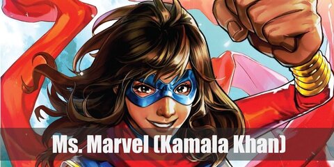  Ms. Marvel (Kamala Khan)’s costume is  a red spandex bodysuit, a Ms. Marvel T-shirt dress, red sneakers, a golden bracelet bangle, and a long red tie scarf .