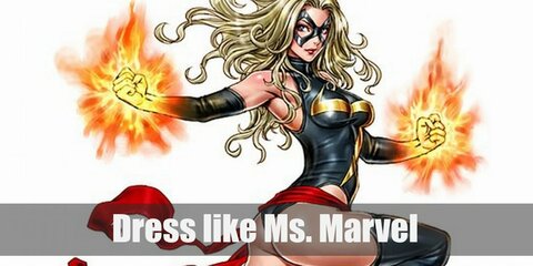 Ms. Marvel's iconic style includes a black leather bodysuit with yellow thunder sign on it and a long red ribbon belt, long black leather gloves, black leather thigh high boots, and a black eye mask.
