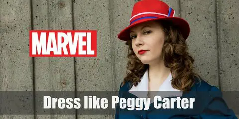 In Agent Carter, Peggy's iconic outfit is the one that she wears a red hat, white blouse, blue suit jacket and pencil skirt, and black 40s high heels.