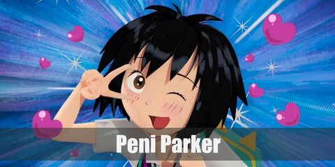 Peni Parker’s costume is a white button-down shirt, a black vest, a black necktie, a plaid skirt, black knee-high socks, and black shoes. Peni Parker and her biochemical suit, SP//dr, are the spider heroes of another dimension. 