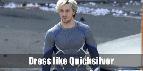 Marvel's Quicksilver wears a long-sleeved sport shirt with gray and blue color patterns, dark sport styled pants, and gray sneakers. 