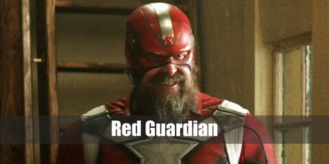 The Red Guardian Costume features a red unitard or body suit, a helmet, a fake beard, and white body harness. Be sure to style it with a pair of gloves and boot cover. Bring a shield, too.