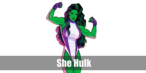  She Hulk’s costume is a one-piece white swim suit with purple highlights, purple fingerless gloves, white and purple sneakers, and green hair.