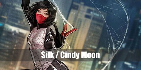 Silk (Cindy Moon)'s costume can be recreated with a black full bodysuit topped with a white sleeveless one. Then, drew red marks on the the white top. Add red gloves and a mask, too.