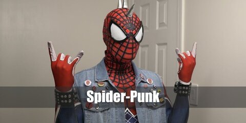  Spider-Punk’s costume is an elastic Spiderman compression T-shirt, superhero sports compression leggings, stylish black high-top sneakers, a ripped retro denim vest, punk studded black leather bracelets, punk pants chain, and a Spider-Punk mask.