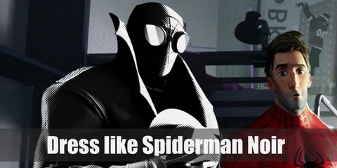  Spiderman Noir costume is a black turtleneck underneath a black vest, black pants, black boots, black gloves, and a black trench coat. He also has an all-black mask. 