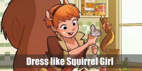 Squirrel girl costume is a brown tank top, a brown crop jacket, brown shorts, a tactical belt, black stockings, and fur boots. She also has furry ears and a squirrel tail.