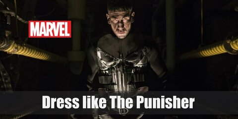 The Punisher costume is a black long-sleeved top with a white skeleton printed in the front, black tactical pants, tactical belt, long black trench coat, and combat boots.