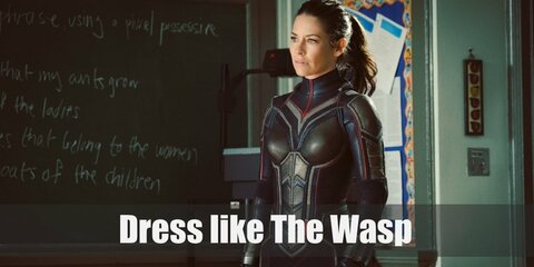 The Wasp wears a full-body suit with black and red patterns. She also wears a helmet, black gloves, and black boots.