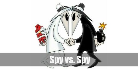 Spy vs. Spy’s costume is  a white mid-length overcoat with a white long-sleeved shirt underneath, white pants, white shoes, and a white hat with black trim for White Spy, and a black mid-length overcoat with a black long-sleeved shirt underneath, black pants, black shoes, and a black hat with white trim for Black Spy.