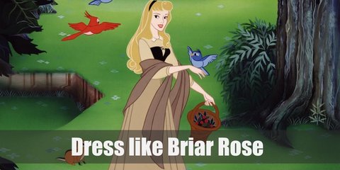 Briar Rose wears a tan shirt with long sleeves and collars topped with a black corset, a long dark tan skirt, a purple scarf, a black head band, and black slippers.