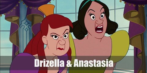  Drizella and Anastasia’s costume are a purple puff-sleeved princess gown and a gold clip for Anastasia and a green puff-sleeved princess gown and a green hair bow for Drizella.