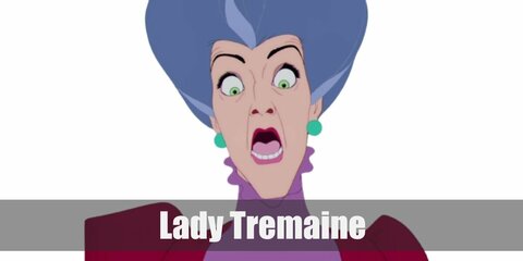 Lady Tremaine’s costume is a purple, long-sleeved, turtleneck top underneath her medieval maroon dress, a pair of black pumps, and green accessories.