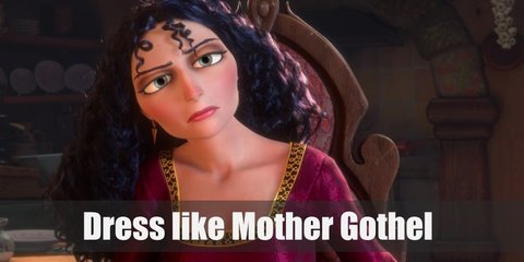 Gothel wears a long burgundy medieval dress, a black rope, golden earrings, and brown boots. She also has red nails and big and long curly dark hair.