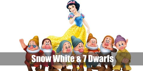  Snow White and the Seven Dwarfs’s costumes are a special princess dress with a fluffy light blue short-sleeved blue vest attached to a ballooning yellow long skirt, a red cape, slip-on black leather shoes, and a black curly hair with a red bow headband for Snow White; and colored shirts with a printed belt and giant buttons, compression legging pants, medieval brown laced-up boot shoes, and dwarf beards, ears, and hats for the Seven Dwarfs.