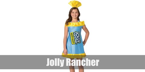 To make Jolly Rancher costume, sew some yellow tips on a blue dress to mimic a Jolly Rancher wrapper. Complete the look with a yellow headpiece.