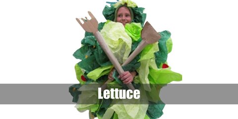  Lettuce’s costume is a long-sleeved green T-shirt, green leggings, olive green washed sneakers, a green salad costume, and a lettuce beanie.