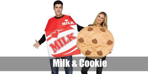  Milk and Cookie’s costume is  a long-sleeved black T-shirt, dark blue jeans, black and white sneakers, and a milk apron tunic for Milk; and a long-sleeved black crew neck shirt, black leggings, black and white canvas shoes, and a wearable cookie-design felt costume for Cookie.