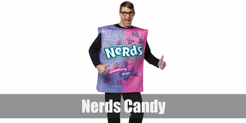 You can wear a printed costume with the Nerds Candy logo. You can DIY it with a cardboard painted pink and purple worn over the shoulder with a ribbon.