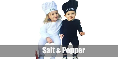  Salt and Pepper’s costumes are a white Salt costume shirt, white pants, white sneakers, white gloves, and a grey chef beanie for Salt, and a black Pepper costume shirt, black pants, black sneakers, black gloves, and a grey chef beanie for Pepper.