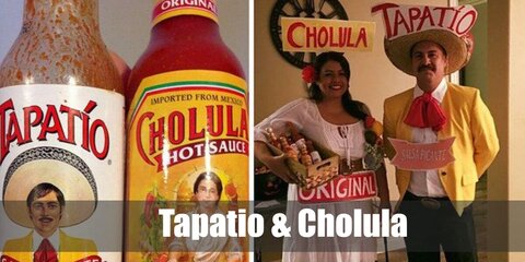  Tapatio & Cholula’s costume is  a long-sleeved button down white shirt, black pants, white leather shoes, a yellow coat jacket, a red Mexican charro bow tie, and a sombrero for Tapatio, and a formal white dress, white sandal shoes, a Mexican waist belt sash, a white shawl, and a red Dahlia flower hair clip for Cholula.