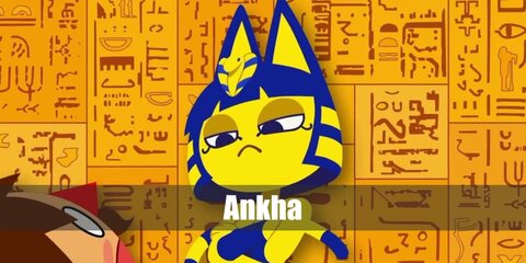 Ankha's costume features a white dress with a large necklace, cat ears, tail, and a blue wig. 