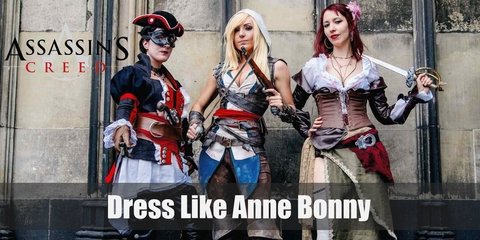 Anne Bonny’s typical outfit is very piratical as well as colonial-inspired. She wears a white blouse with pleats around the chest and a dark green lace-up corset that cover her from her waist to her shoulders