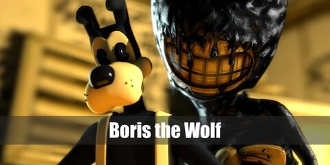 Boris the Wolf's costume can be recreated with a DIY print-out mask, black turtleneck top, and white overalls. He also has black shoes and white gloves.