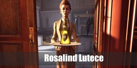 Rosalind Lutece wears various layers made up of a white shirt, green tie, vest, brown blazer, and a long skirt. She has brunette hair. For shoes, she wears a pair of heeled oxfords.