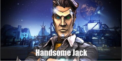 Handsome Jack’s costume is a gray jacket with sleeves rolled up, a brown vest with a white long-sleeved collared shirt underneath, a yellow long-sleeved shirt under the white shirt, grey pants, a belt with gun holster, and brown sneakers.