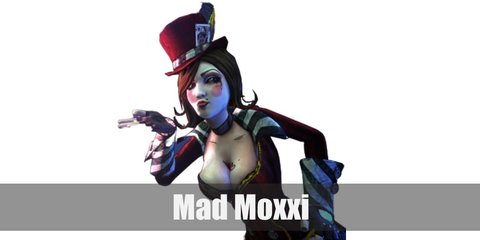 Mad Moxxi wears a rich burgundy top and corset with mismatch thigh high leggings and socks worn in boots. She also wears fingerless gloves and a top hat.