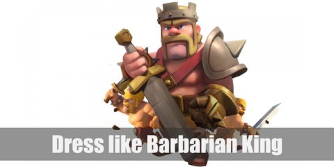 Barbarian King costume consists of a brown cloth to wear on the waist as skirt, a set of shoulder and arm gear, brown belt, a metallic gauntlet, a crown, blonde wig and facial hair, and a pair of sandals. He also carries a sword.