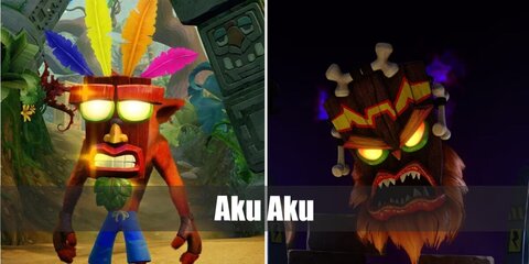  Aku Akus’s costume is an orange long-sleeved shirt, denim capri shorts, red sneakers, and a wooden mask made of EVA foam, colorful feathers, and acrylic paint. 