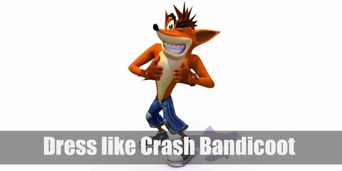 Crash’s outfit is fairly simple (if you’re a bandicoot). He only wears a pair of blue denim shorts and red high-cut sneakers, after all. But if you don’t have bright orange skin you might want to wear something on top. 