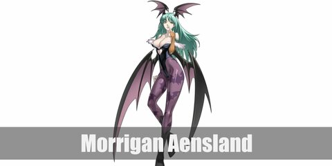  Morrigan Aensland’s costume is a black tube with white fur trim, a pair of purple tights with bats and black gogo boots. But you shouldn’t forget that she also has long mint hair, a pair of black wings, and black horns on her head.
